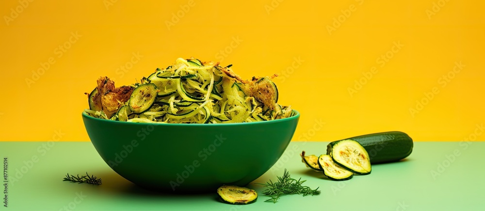 Poster a bowl filled with shredded zucchini and fritter ingredients arranged against a bright backdrop, per