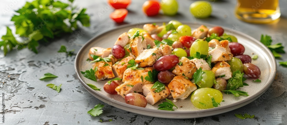 Poster plate with a delicious chicken salad, accompanied by juicy grapes, set on a table with a copy space 