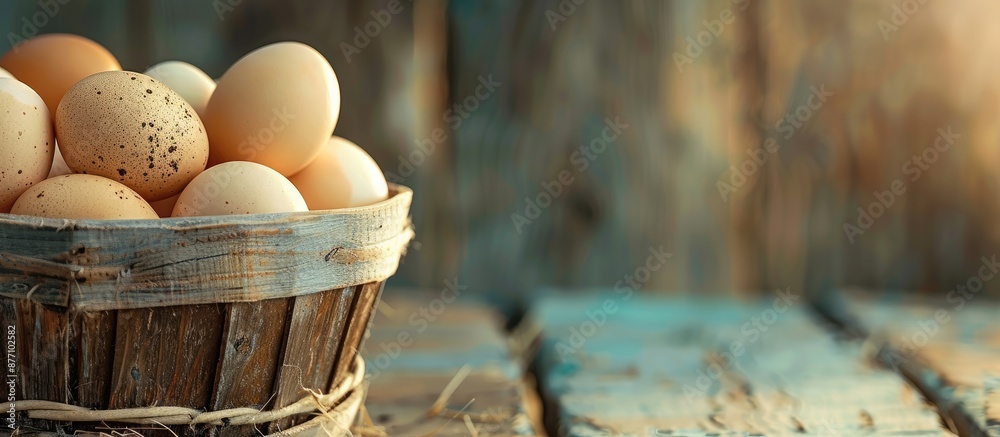 Poster eggs gathered in a wooden basket with a rustic background, creating a charming farm-inspired copy sp