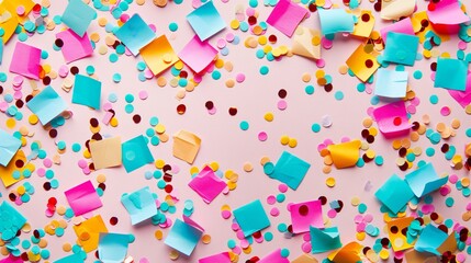 Bright, colorful confetti scattered in a minimalist pattern on a clean background