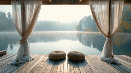 Obraz premium Peaceful lakeside view with two chairs and curtains