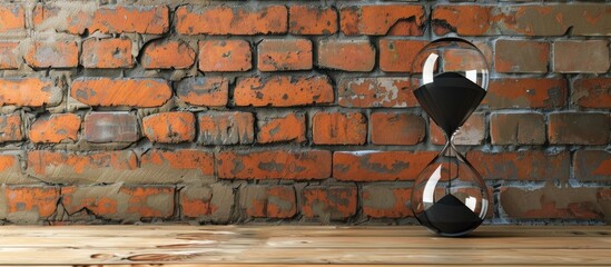Hourglass with black sand against brick wall backdrop in copy space image.