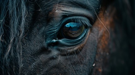  A tight shot of a horse's eye, with its background softly blurred, featuring an indistinct horse face