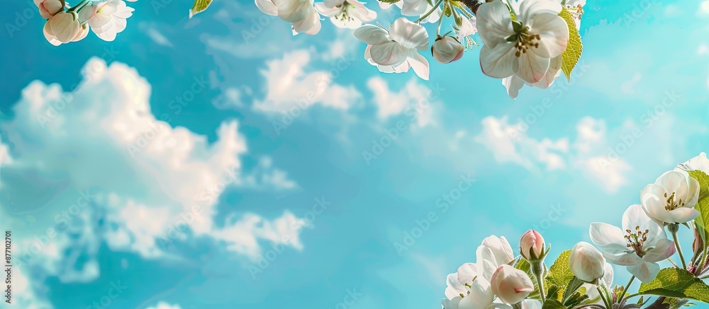 Poster blooming apple tree branches against a blue sky with clouds, showcasing large white buds - a spring 
