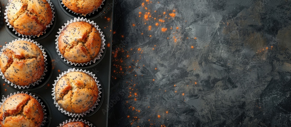 Poster dark background with tasty poppy seed muffins in a baking tin, perfect for a copy space image.