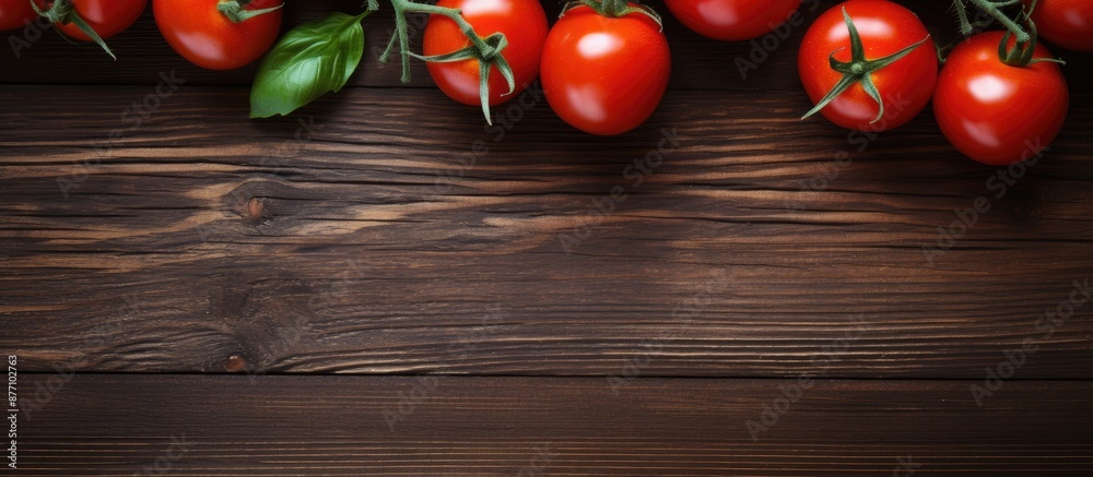 Poster Top view of fresh red tomatoes on a branch displayed on a dark brown wooden table with an oak texture, positioned on the left side, allowing for copy space image.