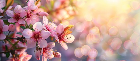 Pink almond blossoms blooming in spring with a blurred background ideal for a copy space image.