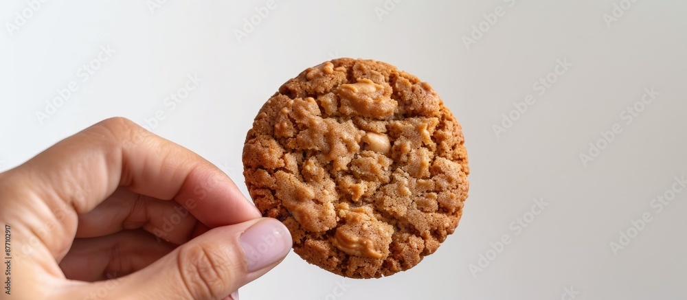 Poster a cookie with a creamy center held by a hand set against a white backdrop, providing space for addit
