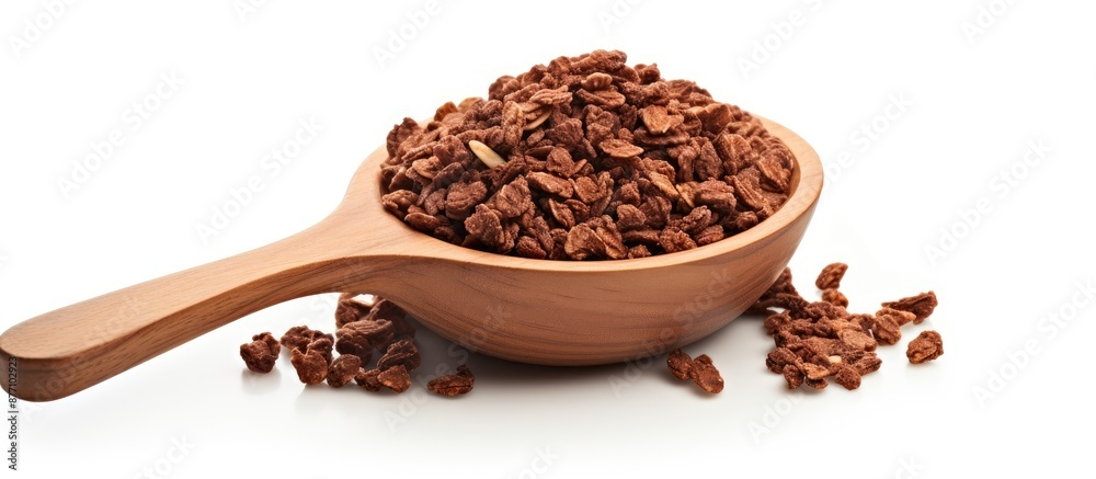 Poster a wooden spoon holds chocolate granola cereal with nuts, displayed against a white background, creat