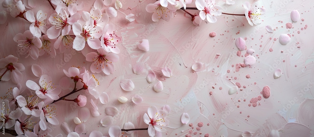 Poster Cherry blossoms on a paper background with copy space image for text.