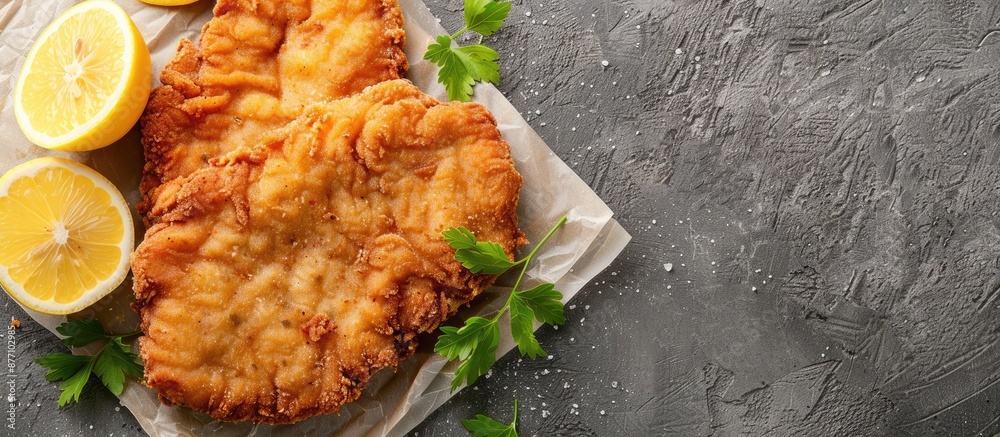 Poster Top view of a Breaded German Weiner Schnitzel on a gray background, with space for text or other elements in the image.