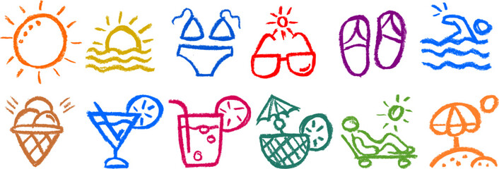 Summer Sun and Vacation Related Icons Chalk Crayon Drawing