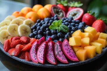 A gourmet platter of fresh fruit, including exotic varieties like dragon fruit, passion fruit, and starfruit, artfully arranged. 