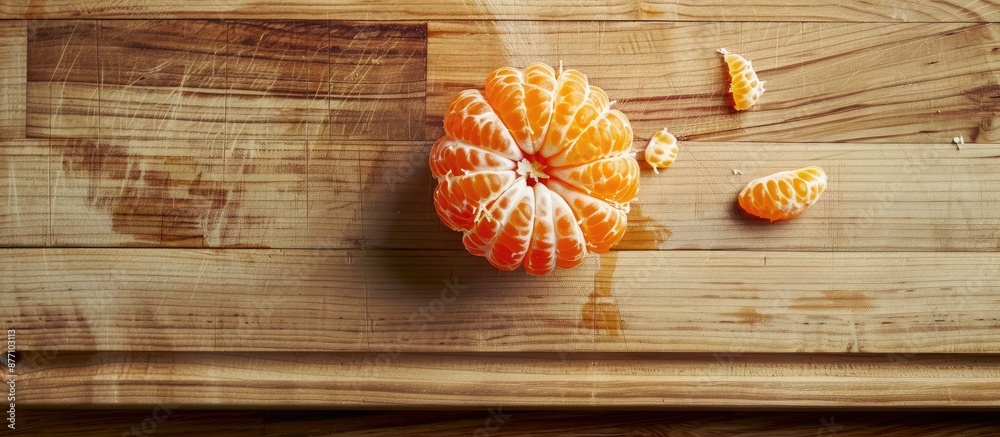 Poster Top view of a partially peeled orange on a wooden cutting board with empty space for copying images.