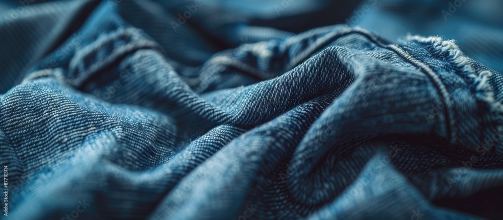 Poster fashionable design displayed on denim fabric, offering a classic blue jeans background with empty co