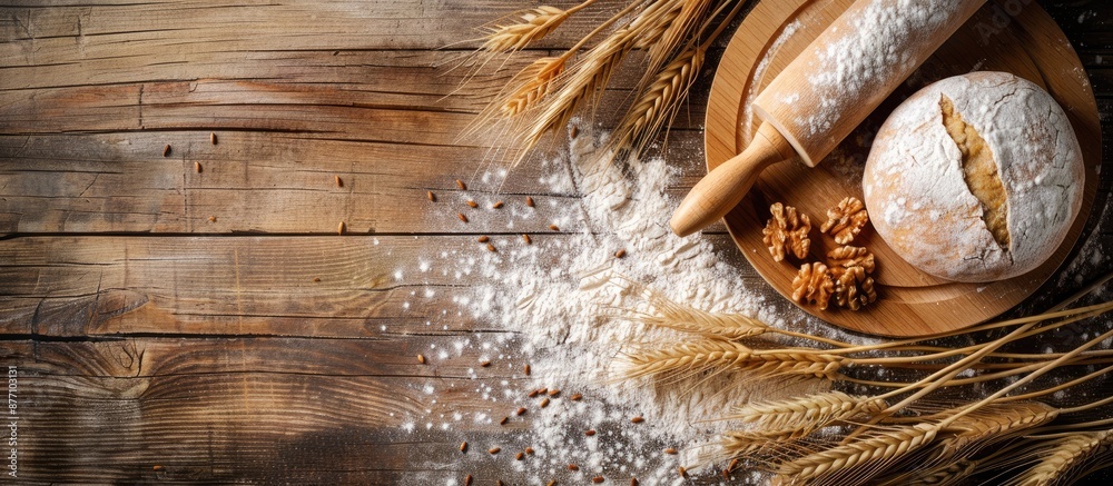 Poster Wooden table features dough and rolling pin surrounded by whole grain flour, creating a rustic setting with copy space image.