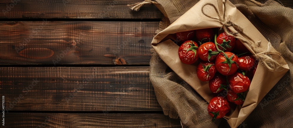 Poster Top view of dried tomatoes placed on kraft paper in an envelope on a wooden table with a sackcloth covering, leaving room for additional image elements.