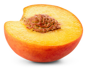 Peach half isolated png. Peach slice on transparent background. PNG format. Peach half with kernel no background. Full depth of field.