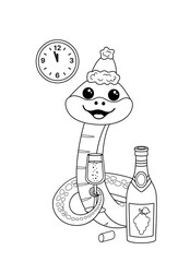 Coloring book. Snake and champagne in new year or Christmas eve. Black and white snake. Vector
