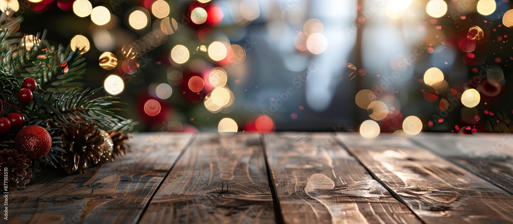 Aufkleber Blurred Christmas-themed background with a wooden table in front, creating space for text. Soft focus adds to its artistic appeal. Copy space image included.