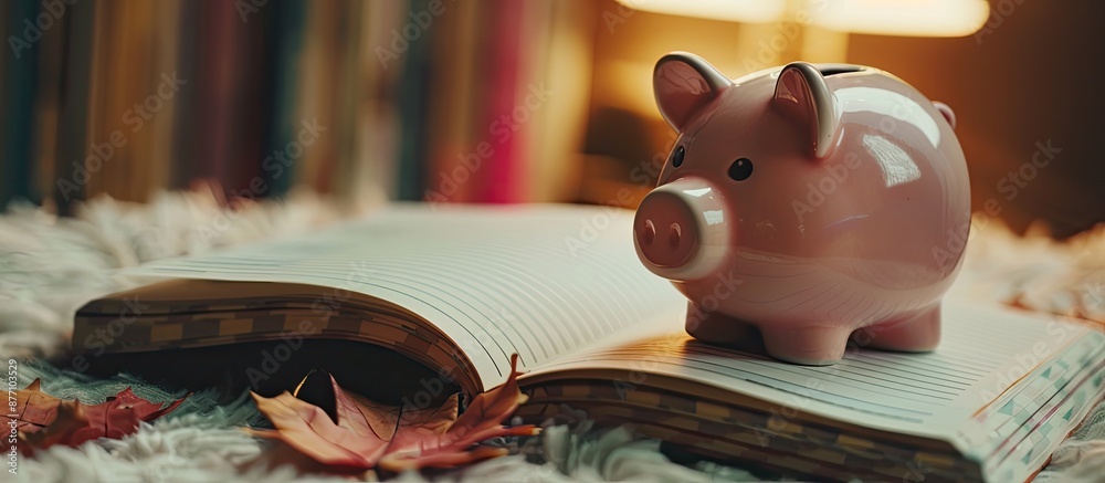 Aufkleber A financial planning scene with a piggy bank and an open notebook displaying a blank page, ideal for copy space image.
