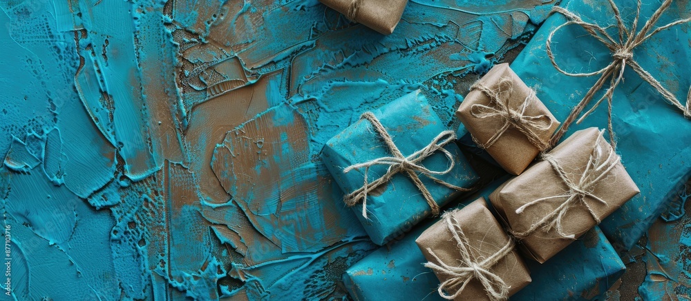 Aufkleber blue textured wall with wrapped presents and biker's twine on a postcard. ideal for text placement.