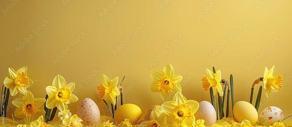 Poster easter-themed arrangement featuring bright yellow daffodils and eggs set against a yellow backdrop w