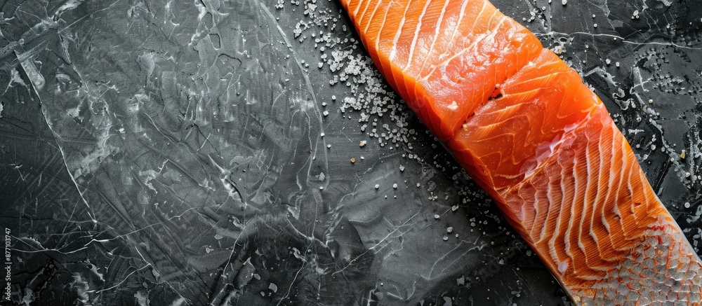 Poster fish delicacy arranged in a flat lay composition with fresh raw salmon on a black marble table, acco