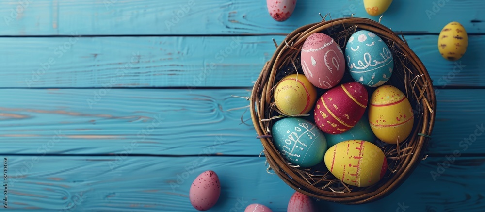 Poster colorful easter eggs arranged in a basket on a blue wooden backdrop with selective focus, creating a