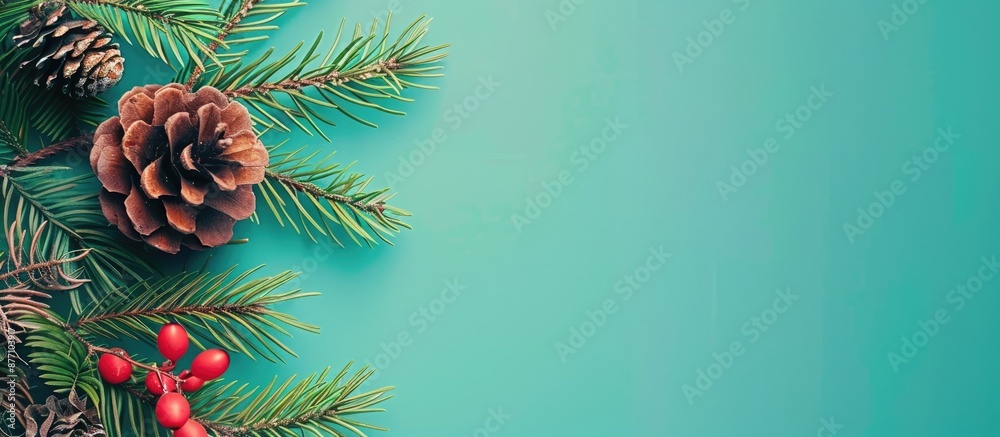 Aufkleber background for christmas holidays featuring fir branches, a pine cone, and colorful background suita