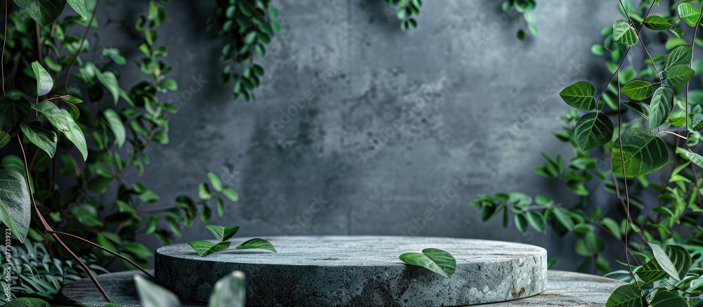 Poster stone podium with copy space image for product presentation surrounded by empty showcase adorned wit