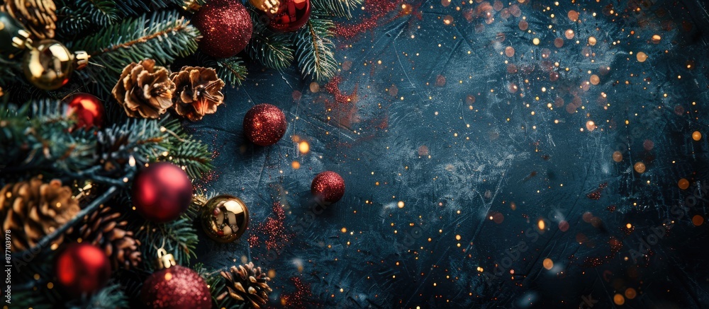 Poster festive christmas arrangement on a dark abstract backdrop, captured from above with a designated cop