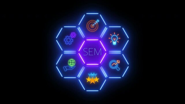 SEM or Search Engine Marketing concept for search engine optimization marketing ranking on website. Traffic website technology communication. Glowing neon line of SEM icons concept.
