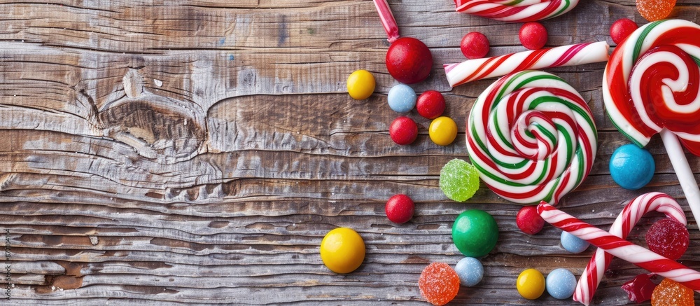 Poster assorted candies like lollipops and candy canes displayed on a wooden backdrop with copy space image