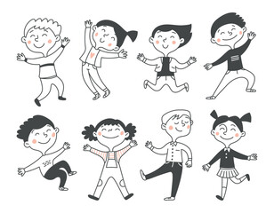 Isolated set of cute active children jumping and happy. Boys and girls. Doodle vector illustration