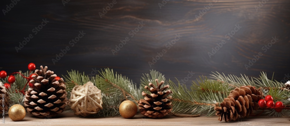 Poster festive christmas corner with conifer, ornaments, and pine cones setting against a backdrop of copy 