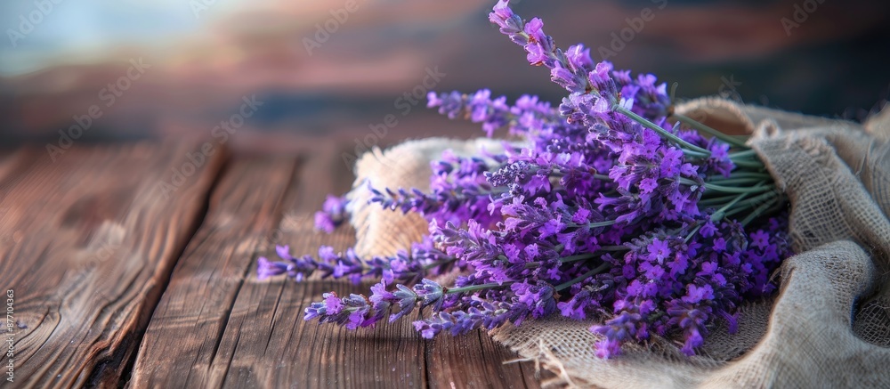 Poster Lavender bouquet displayed on rustic wooden table with copy space image.