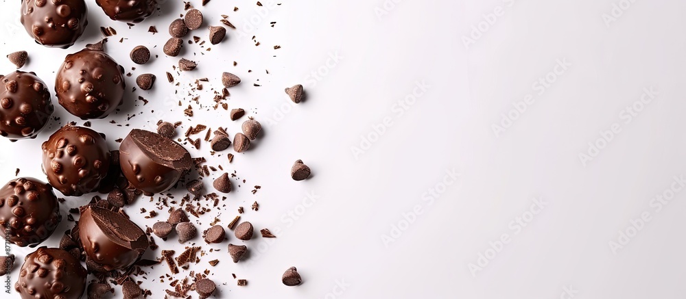 Poster chocolate spheres placed on a white backdrop with copy space image.