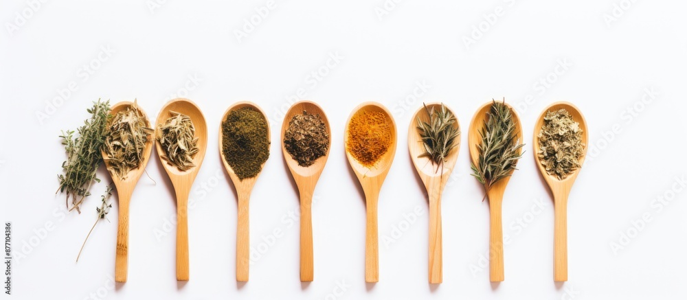 Poster bamboo spoons with herbal leaves and powdered herbs displayed on a white wooden table with a blank s