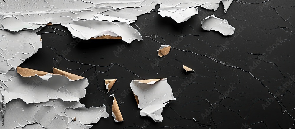 Poster High-resolution macro shot of torn paper pieces on a black background with plenty of copy space image.