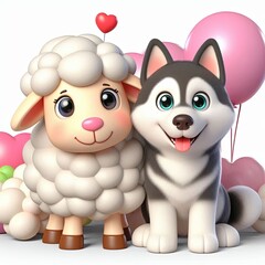 Obraz premium Cute Sheep And Husky Dog Together Cartoon 3d Generative AI