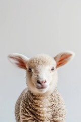 Fototapeta premium Close-up of a sheep's face against a white backdrop, softly focused on its head