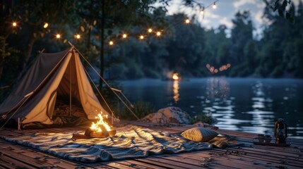 Cozy riverside campsite at dusk  tent, campfire, and soft textures under warm interior lighting
