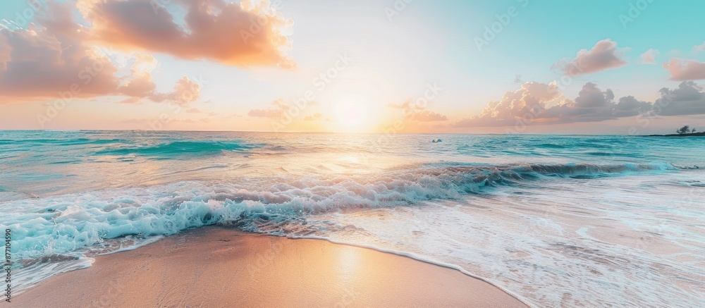 Poster a beautiful beach scene with waves softly touching a sand bar under a stunning sunset backdrop, perf