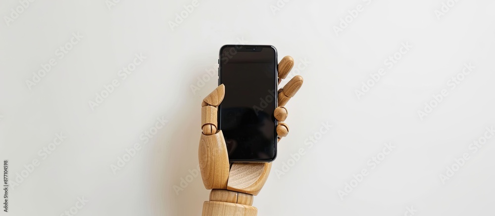 Poster a wooden hand is holding a black mobile phone against a white backdrop, creating a visually appealin