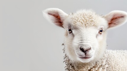Fototapeta premium A tight shot of a sheep's face against a contrasting white background, with a distant white wall visible beyond