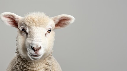  A tight shot of a sheep's head against a gray backdrop, featuring a white wall in the background