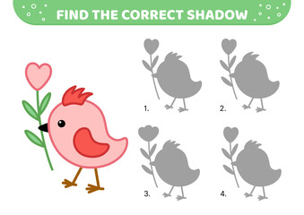 Find the correct shadow. Pink nestling with flower. Shadow matching game. Cartoon, vector