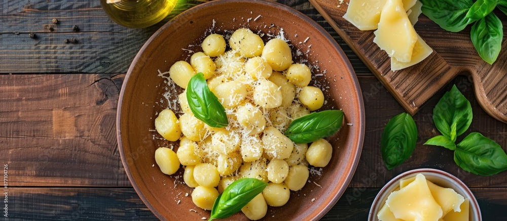 Poster a rustic top-view image featuring fresh gnocchi with cheese sauce on a table, perfect for enticing a
