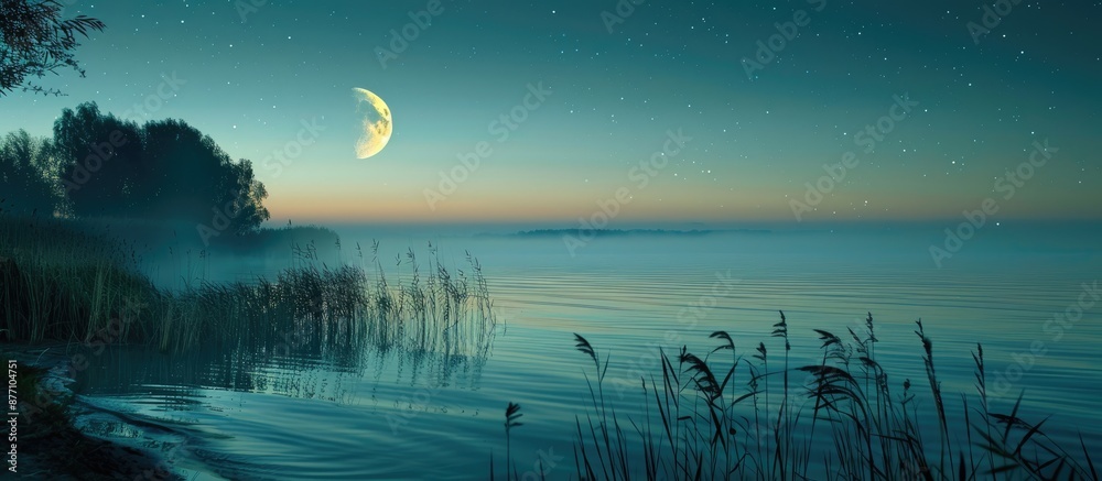 Poster scenic view of a lakefront with the moon partially obscured, suitable for a copy space image.